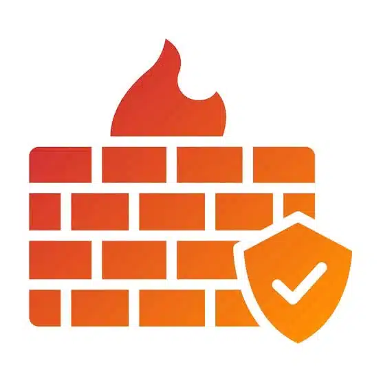 Pictogramme pare-feu : mur de briques, flamme et bouclier, symbole du pare-feu managé